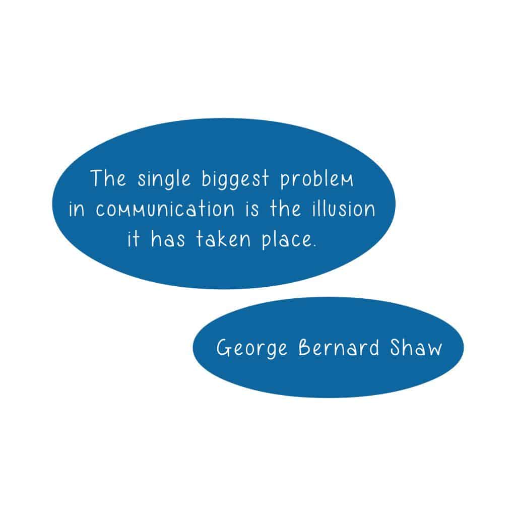 a speech bubble with  the quote 'the single biggest problem with communication is the assumption that it has taken place'