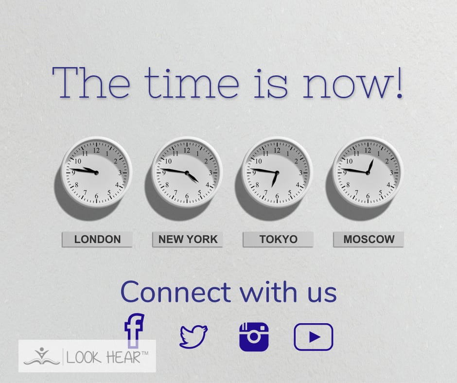 A stock image of 4 clocks with different times, and text on the bottom with social media icons. 